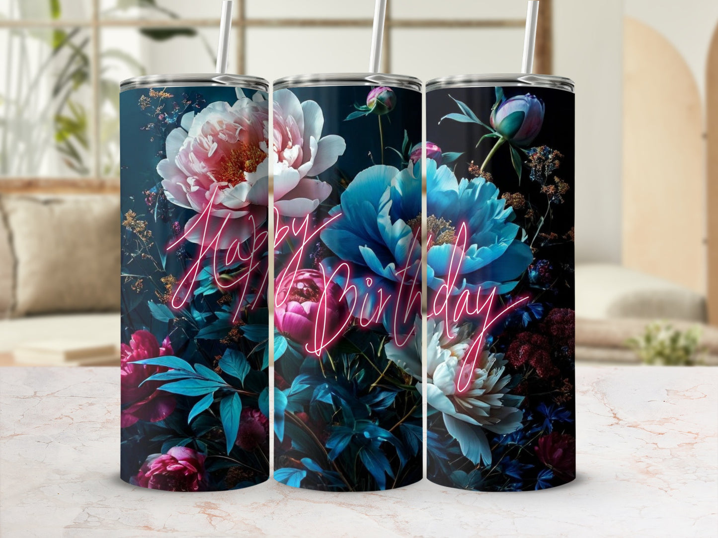 Happy Birthday tumbler with vibrant floral design.
