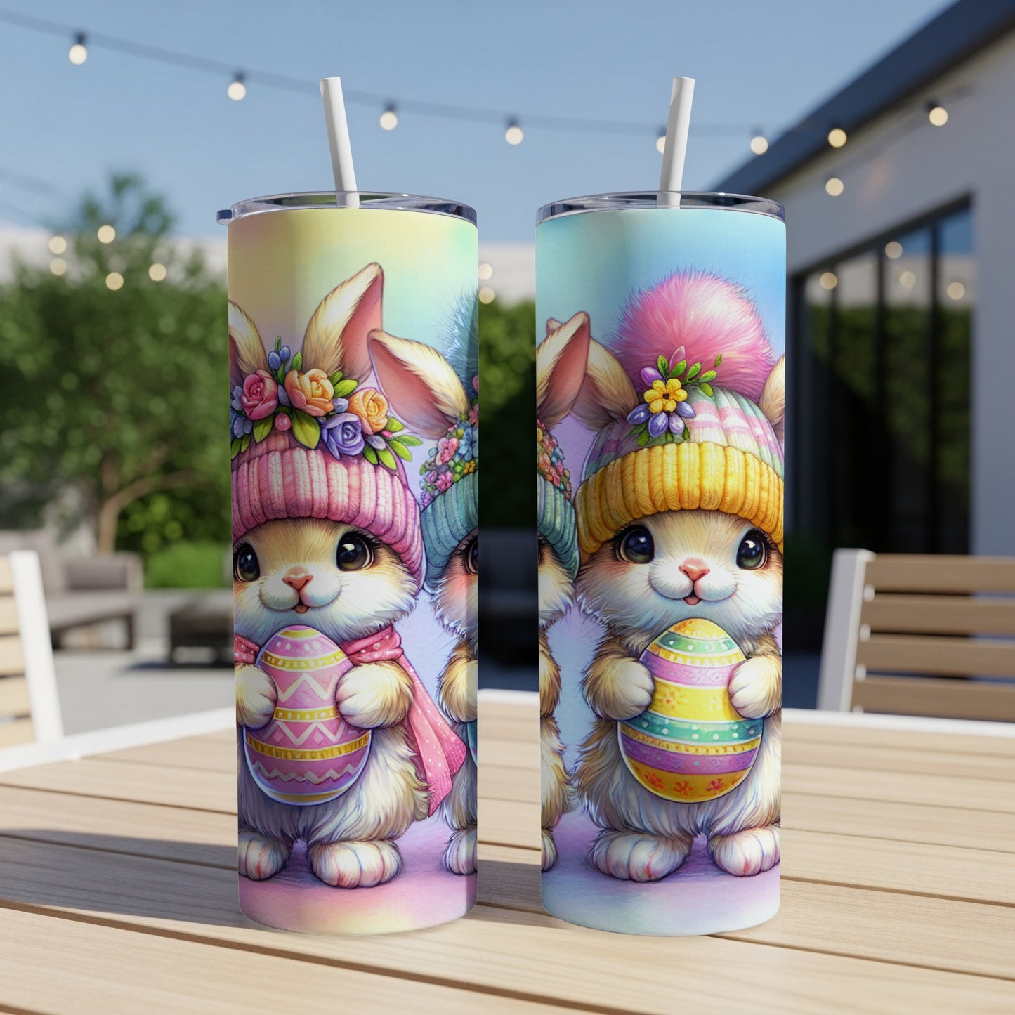 Two Easter bunny tumblers holding decorated eggs, with pastel background.