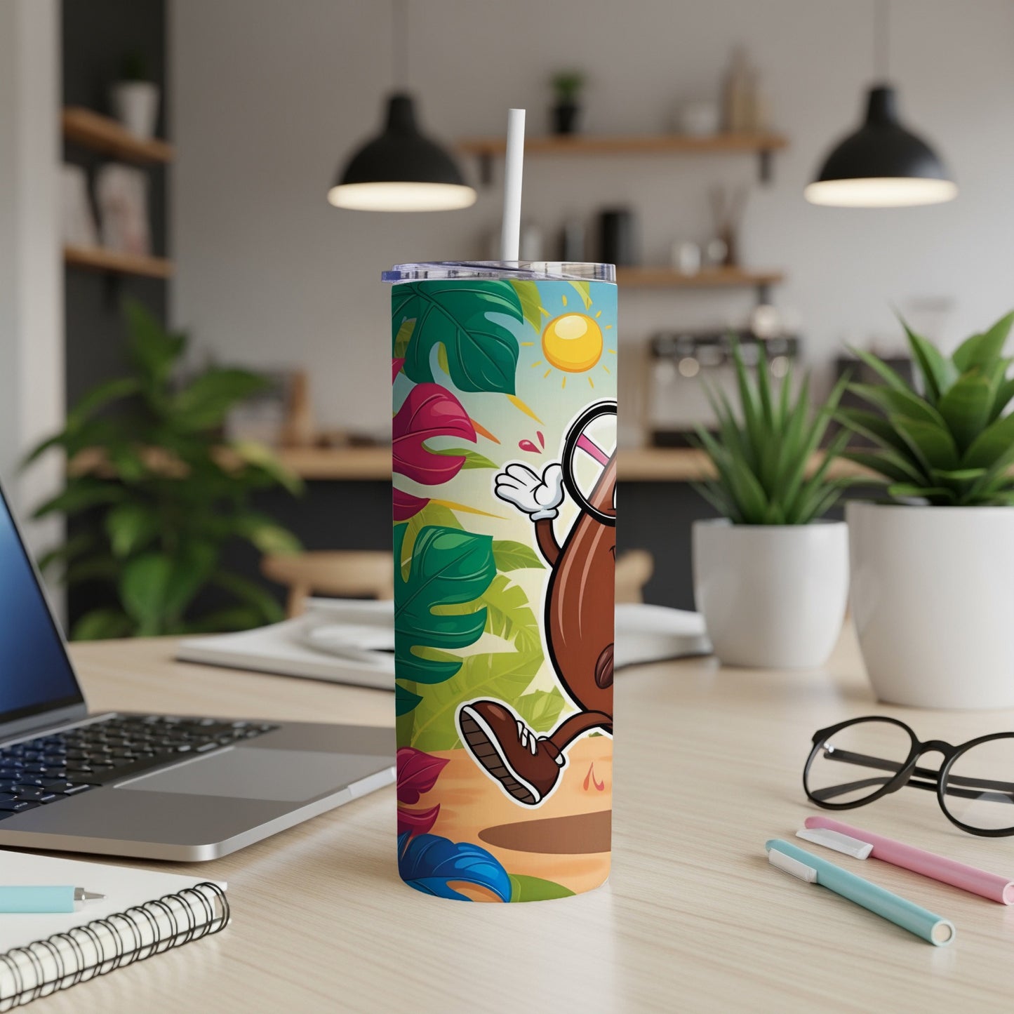 Cartoon chocolate bar with sunglasses and a magnifying glass walks among tropical leaves.