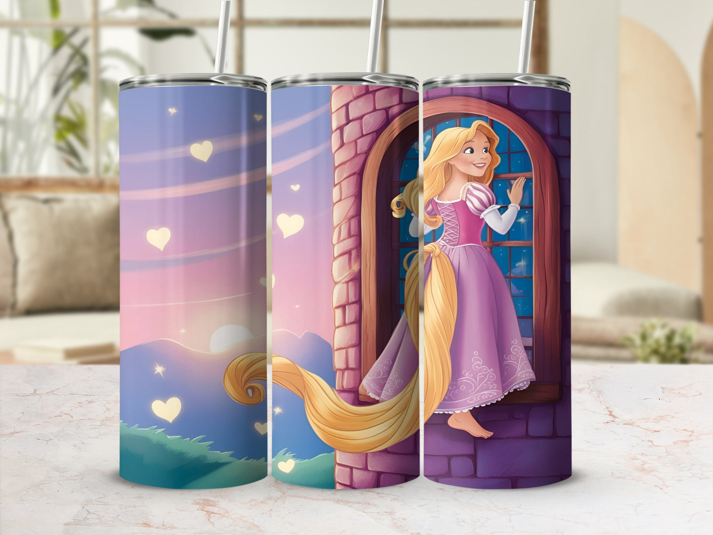 Rapunzel in purple dress at window with long blonde hair, sunset heart pattern.