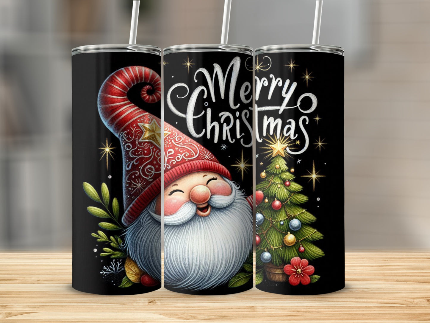 Black tumbler with Merry Christmas text, gnome, and decorated Christmas tree.