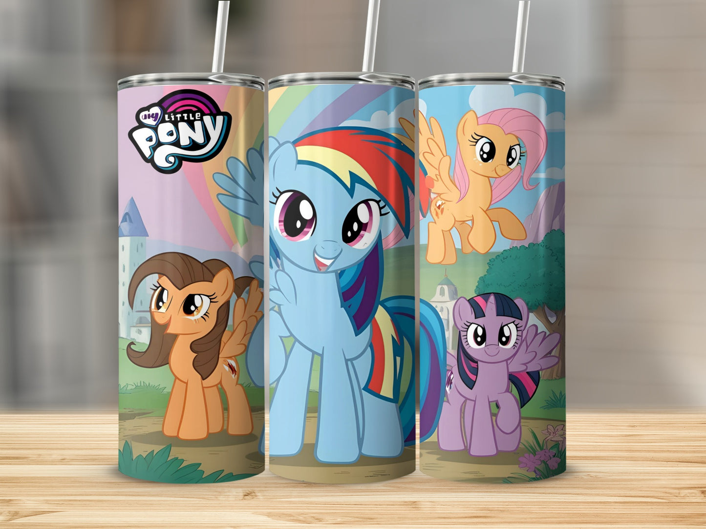 My Little Pony characters Rainbow Dash, Fluttershy, and Twilight Sparkle on a tumbler.