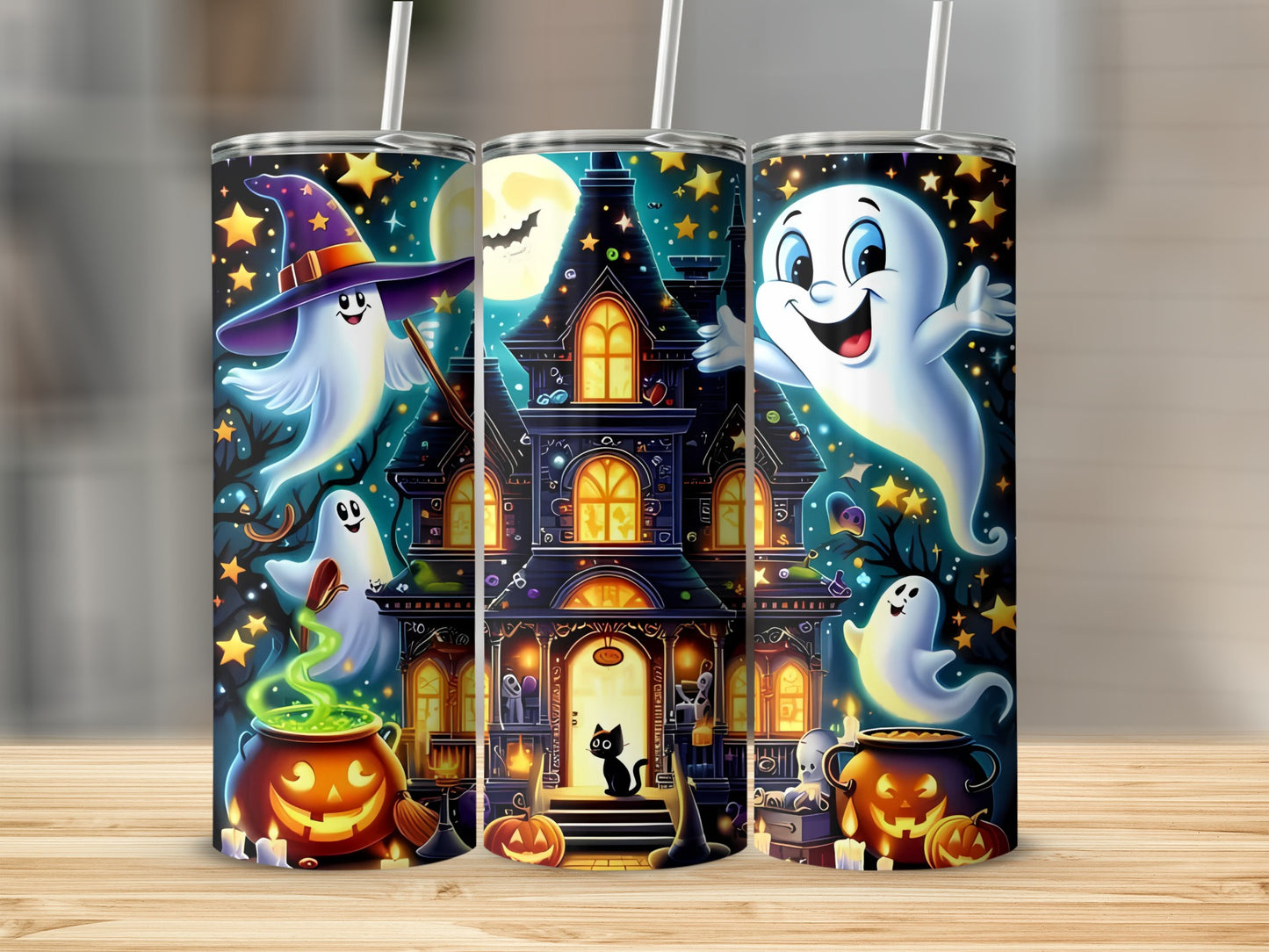 Halloween tumbler with ghosts, witch hat, haunted house, black cat, and pumpkins.