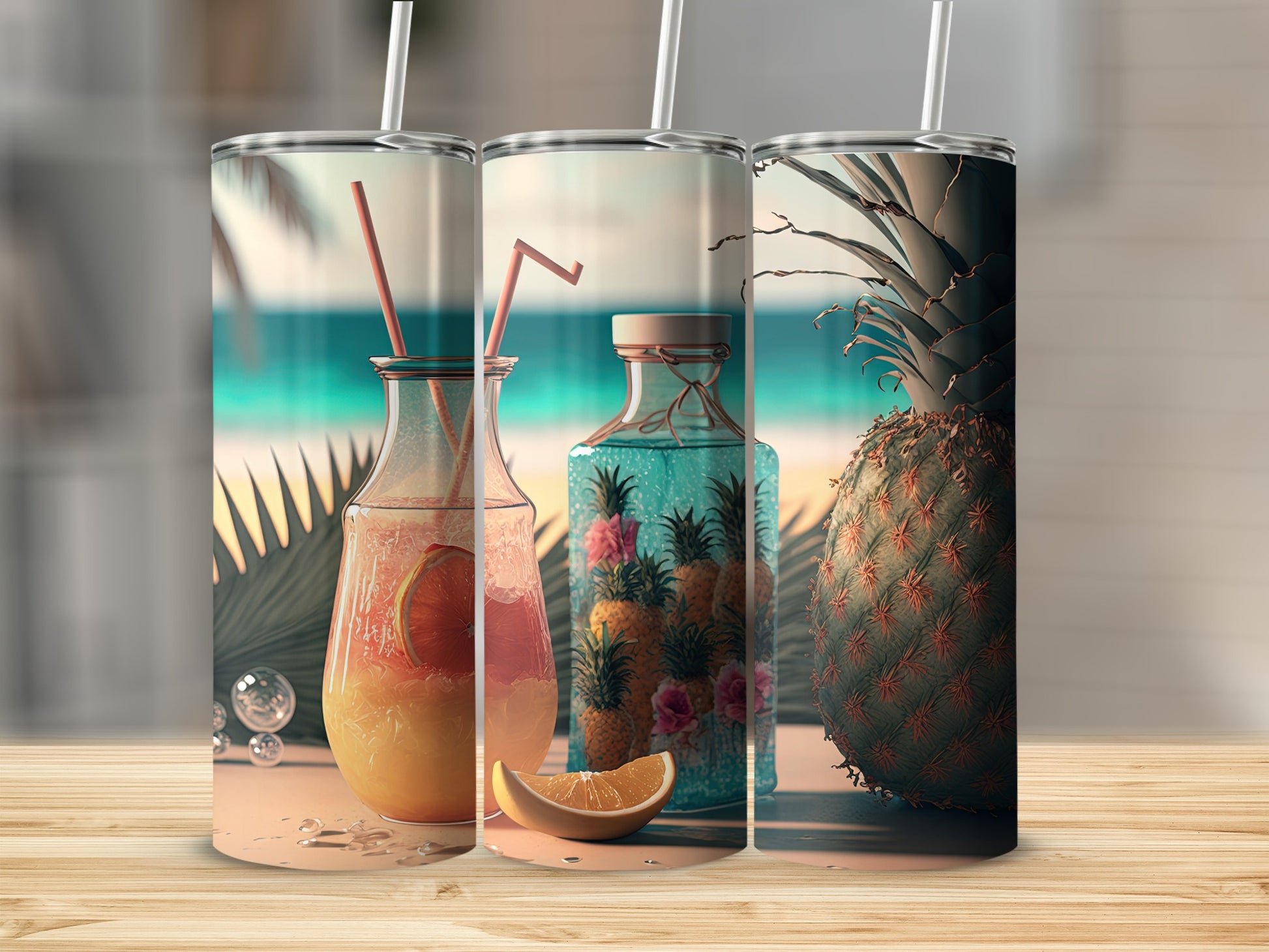 Vibrant Tropical Drink and Pineapple Printed Tumblers