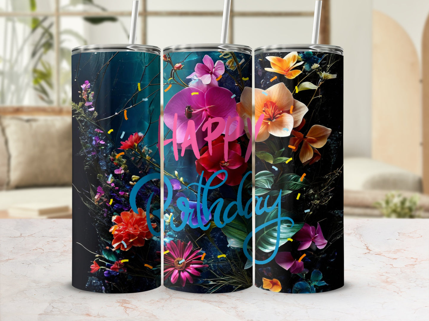 Triptych of tumblers with "Happy Birthday" text and floral designs.