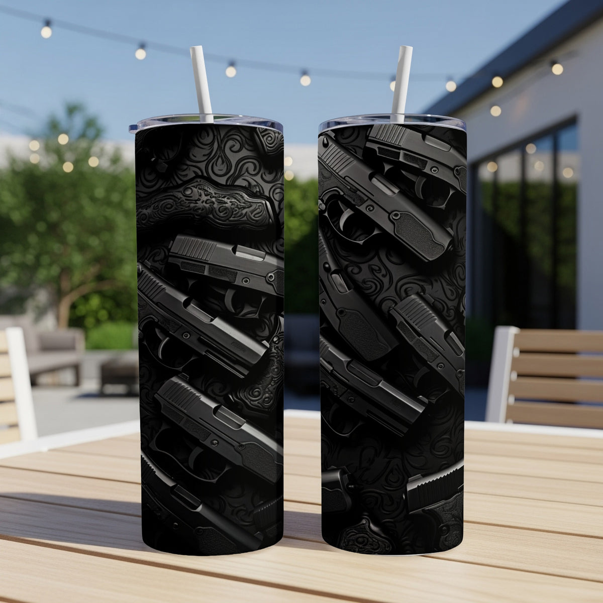 Tumblers with repeating black handgun pattern on textured background.