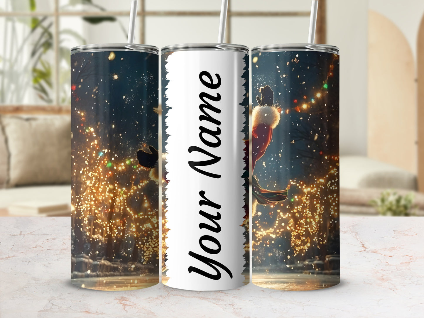 Festive Personalized Glitter Tumbler with Straw