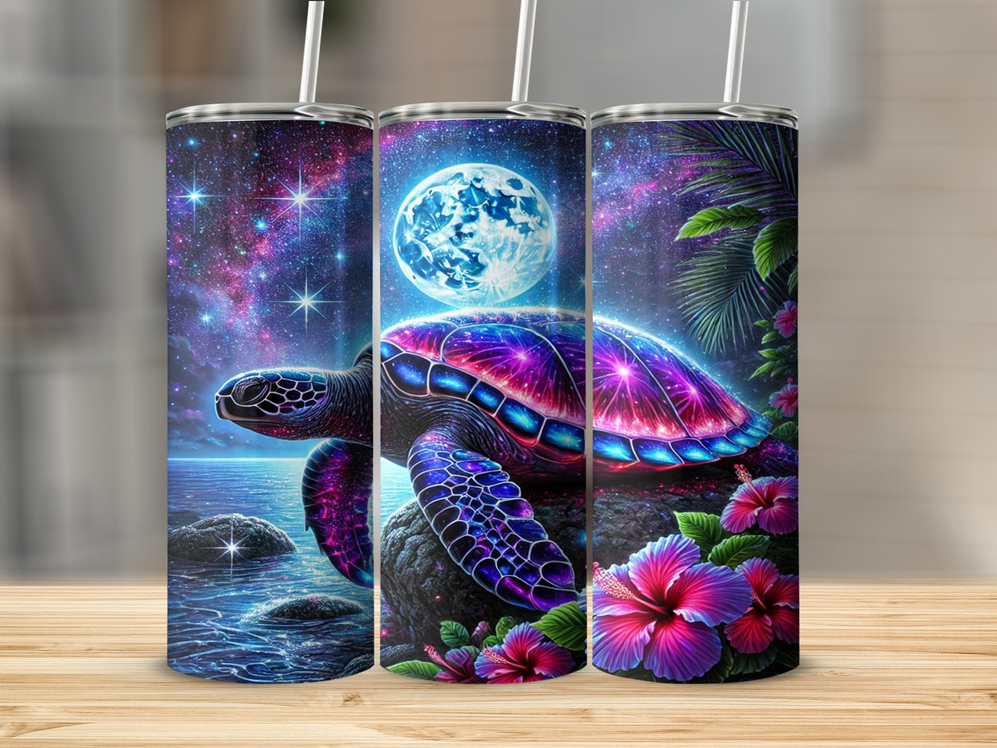 Vibrant Cosmic Turtle With Flowers Design Tumbler