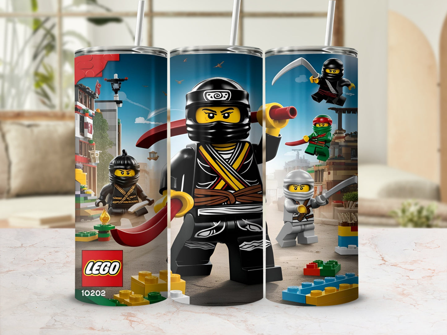 LEGO Ninjago tumbler with ninjas and building blocks.