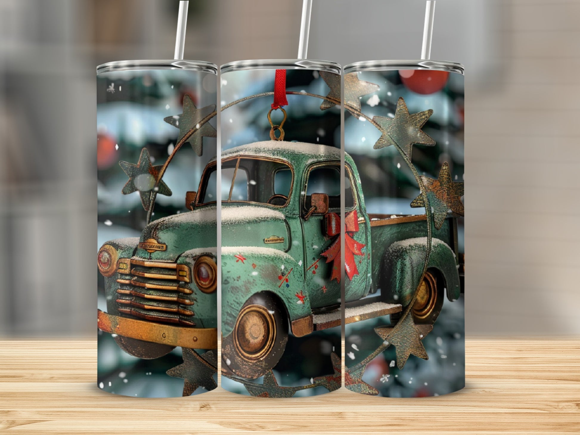 Green vintage truck with red bow ornament on Christmas tree branch.