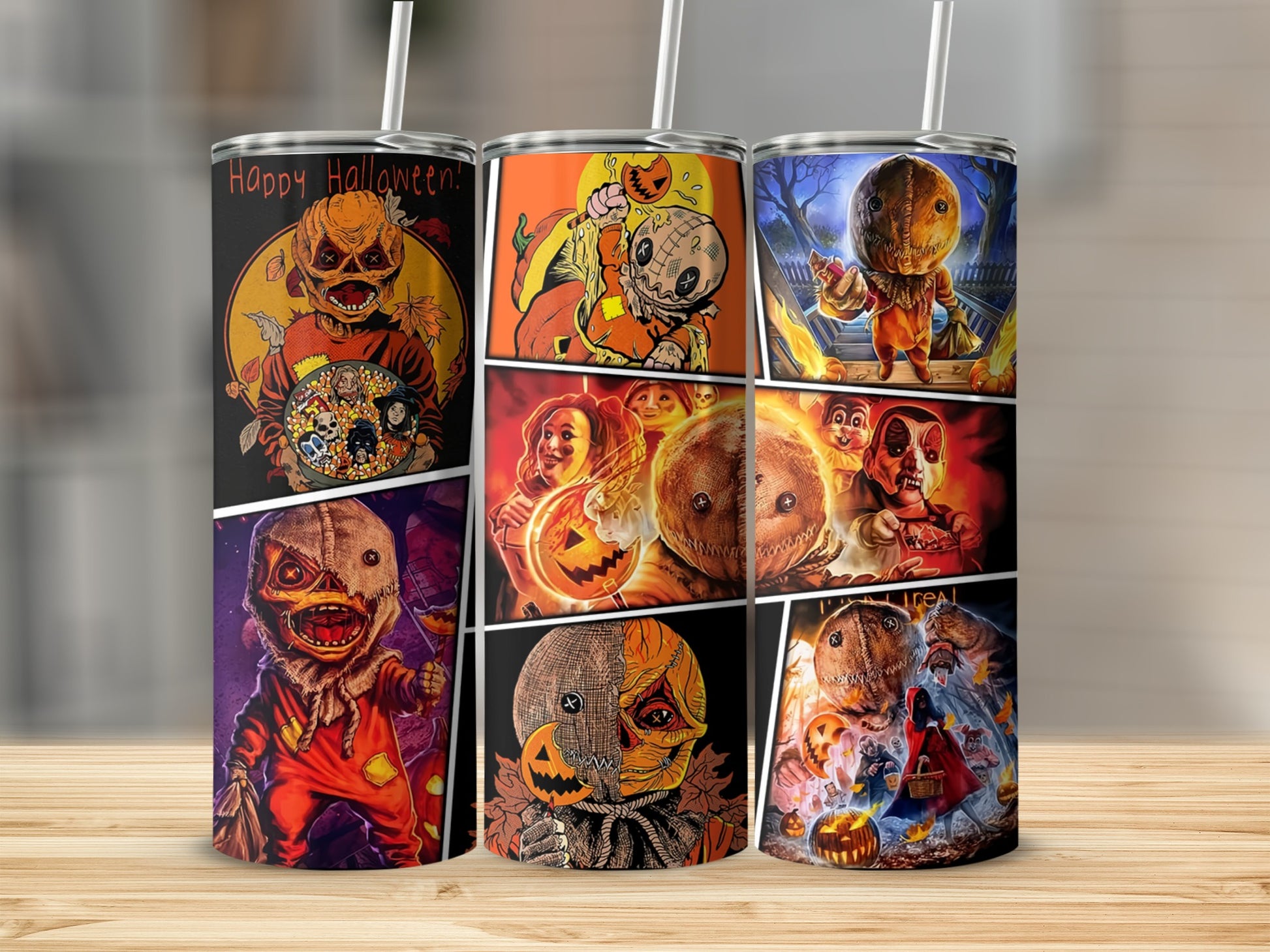 Tumblers with comic panel designs featuring Sam from Trick 'r Treat and Halloween imagery.