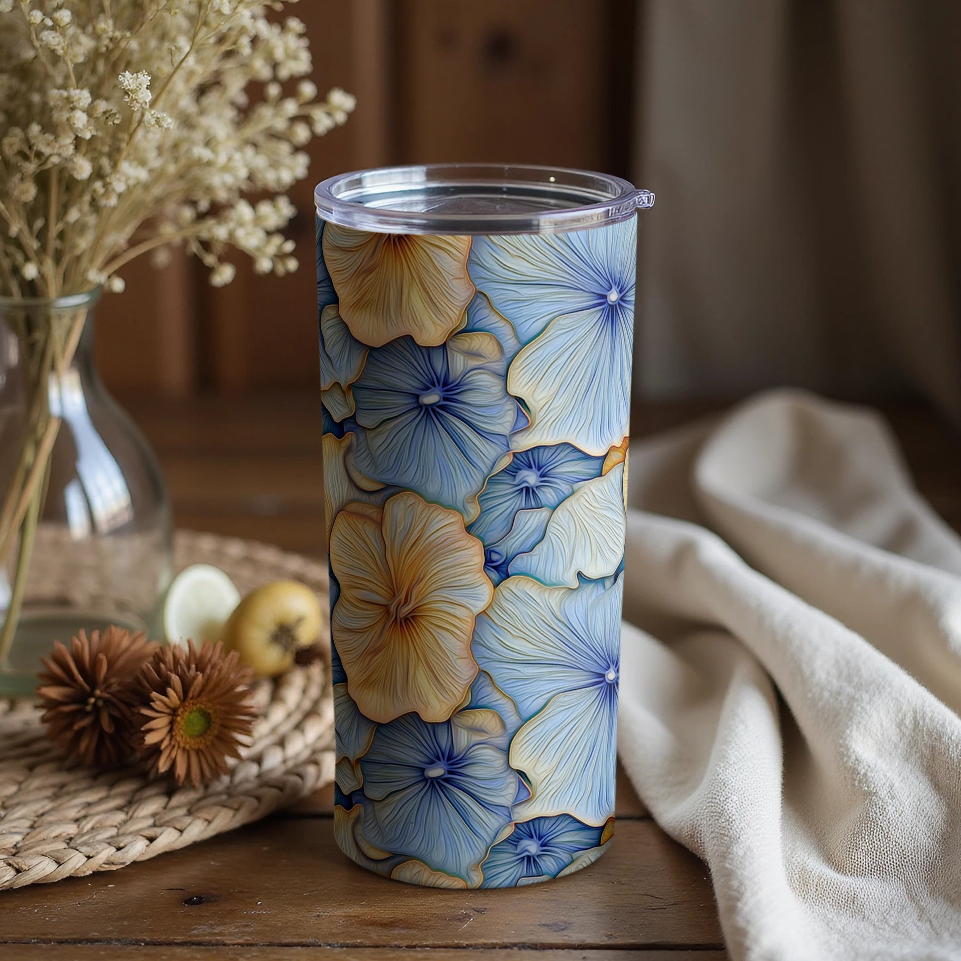 Beautiful Floral Blue and Yellow Tumbler Cup Design