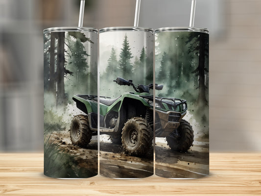 Green ATV on a dirt trail in a forest.