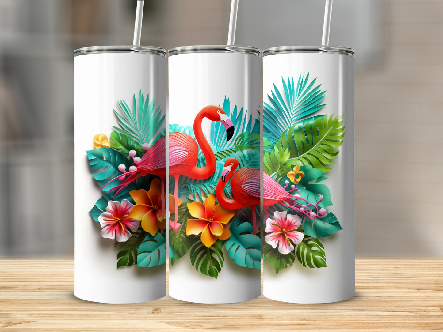 Tropical Flamingo Tumbler with Colorful Floral Design