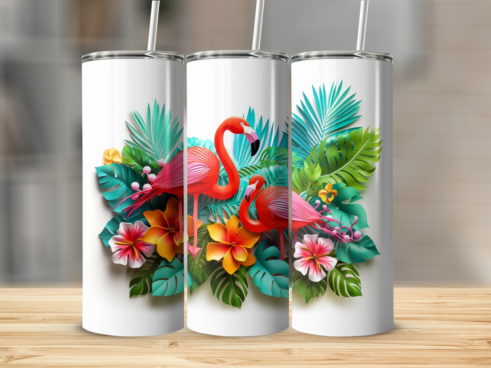 Tropical Flamingo Tumbler with Colorful Floral Design