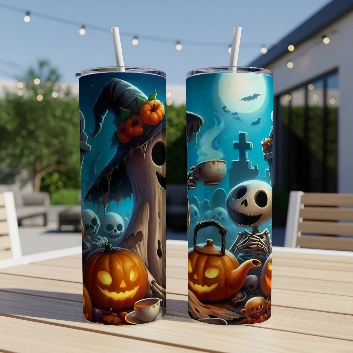Two tumblers with Halloween designs featuring pumpkins, ghosts, skeletons, and a graveyard under a full moon.