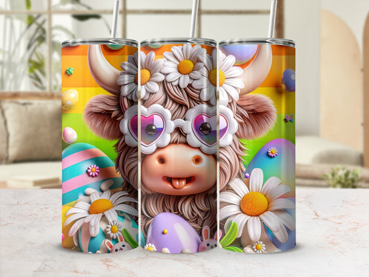 Easter Highland cow with daisies and heart sunglasses on a colorful background.