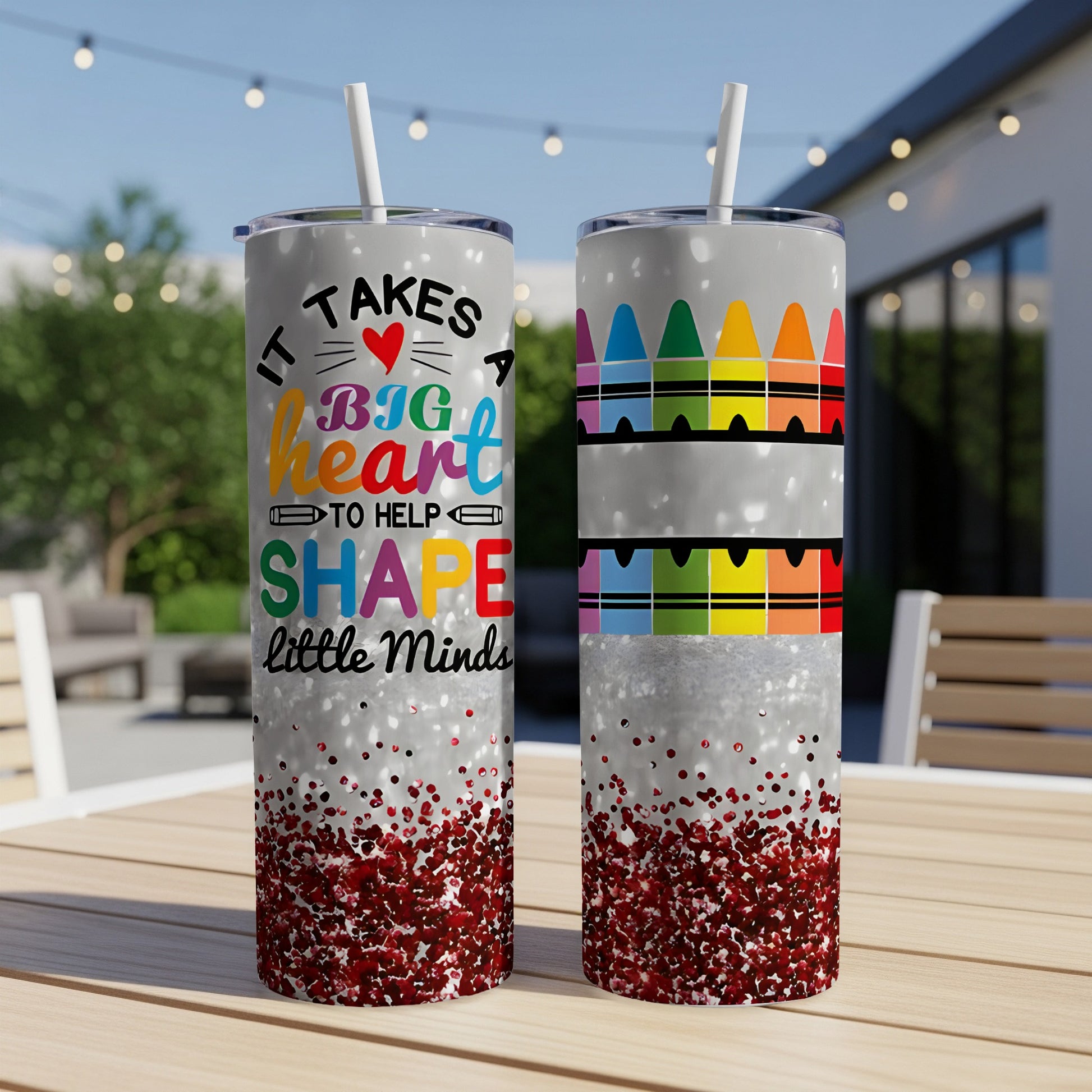 It Takes A Big Heart To Help Little Minds tumbler with crayons and glitter.