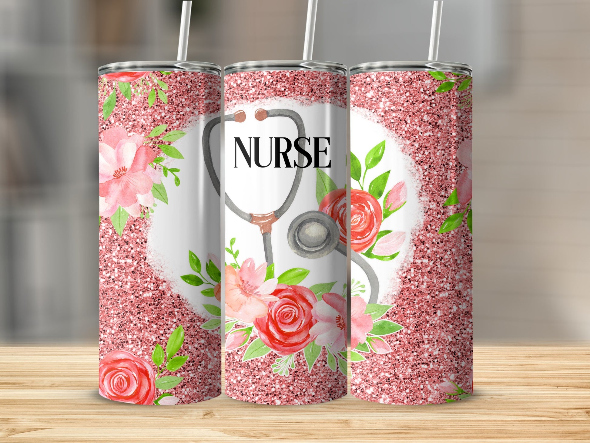 Glittery rose gold tumbler with stethoscope and pink floral design, text "NURSE".