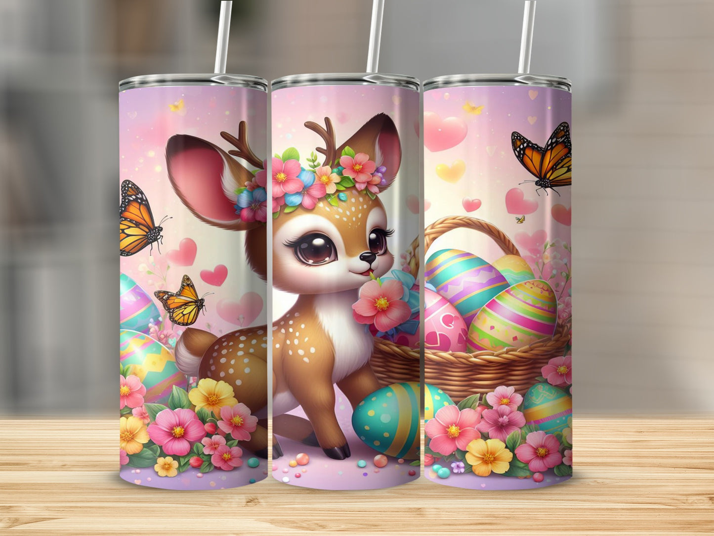 Easter fawn with flower crown, colorful eggs, butterflies, and flowers on a tumbler.