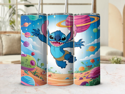 Cartoon Stitch character on a space-themed tumbler with planets and moons.