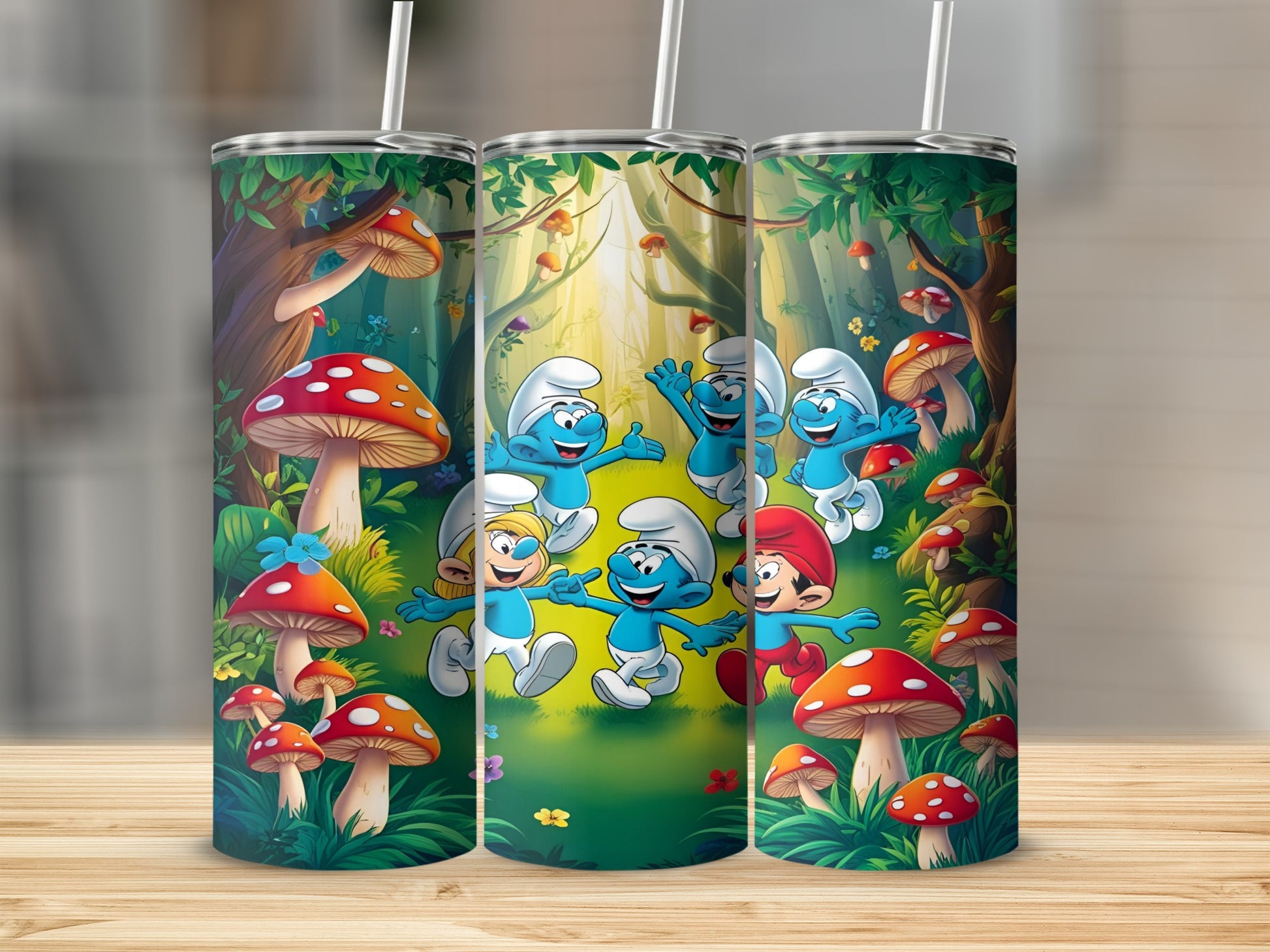 Smurfs and red mushrooms in a forest scene on a tumbler.