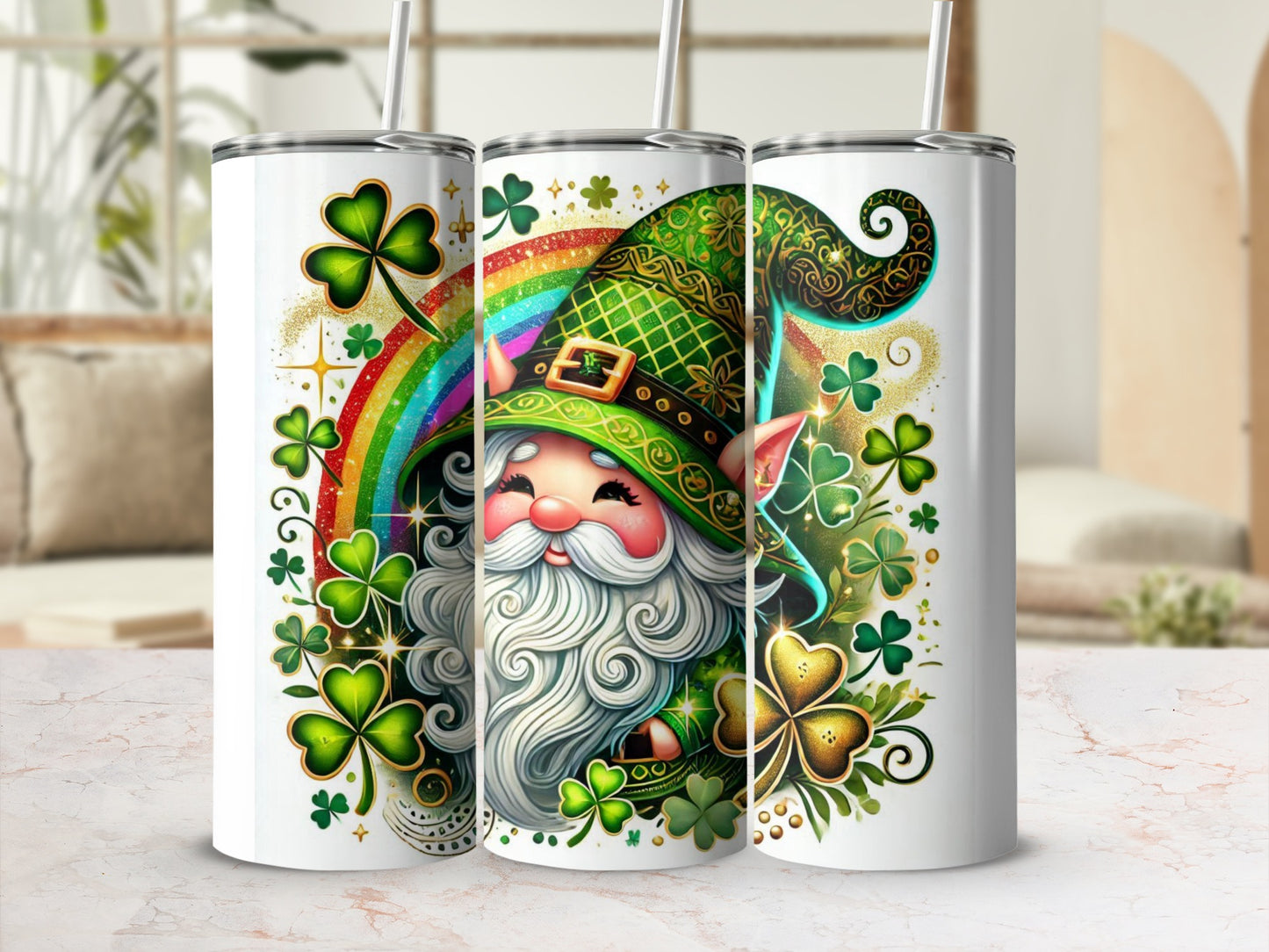 Green gnome with rainbow and shamrocks on a white tumbler.