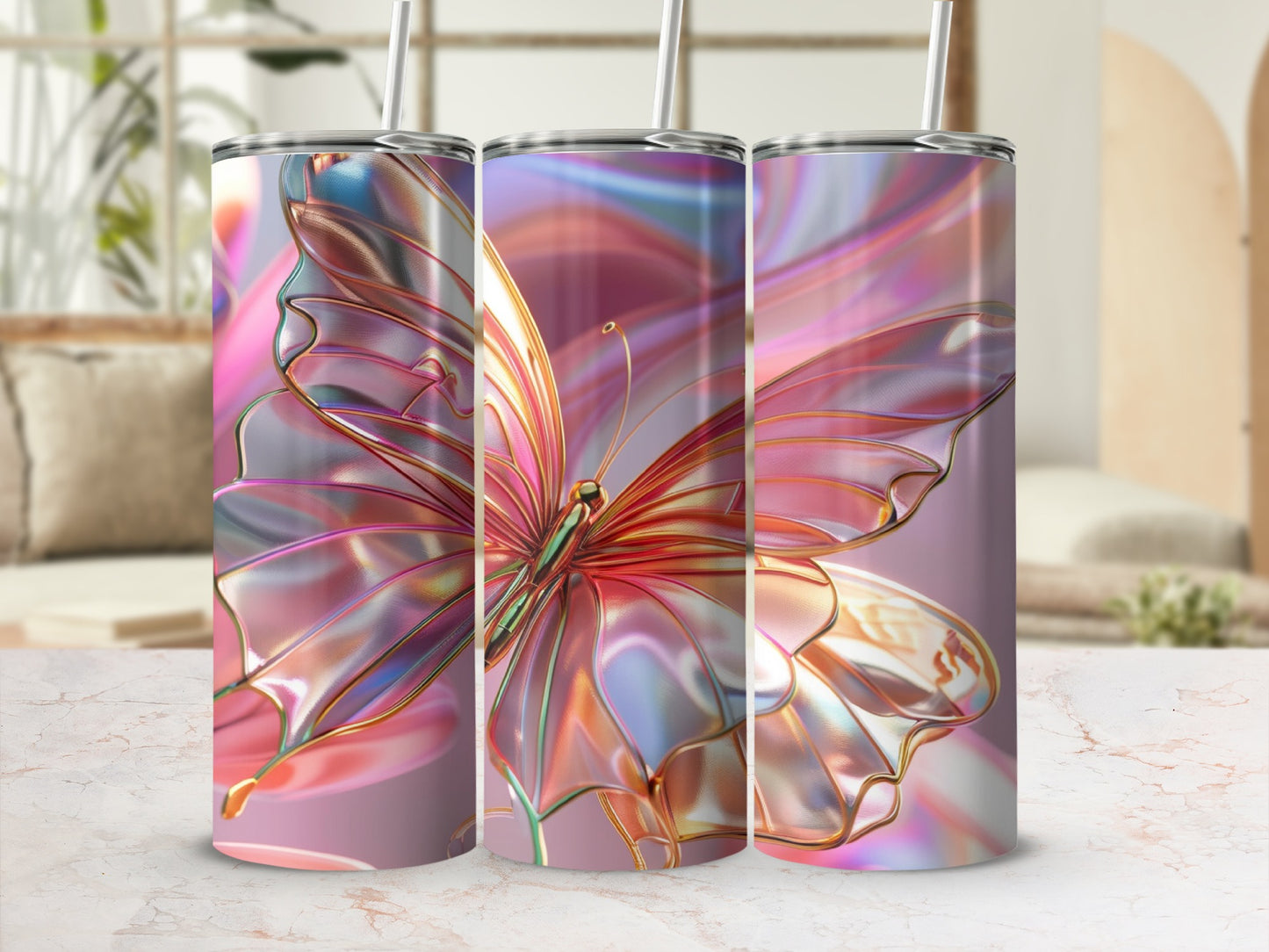 Three iridescent butterfly tumblers with pastel floral background.