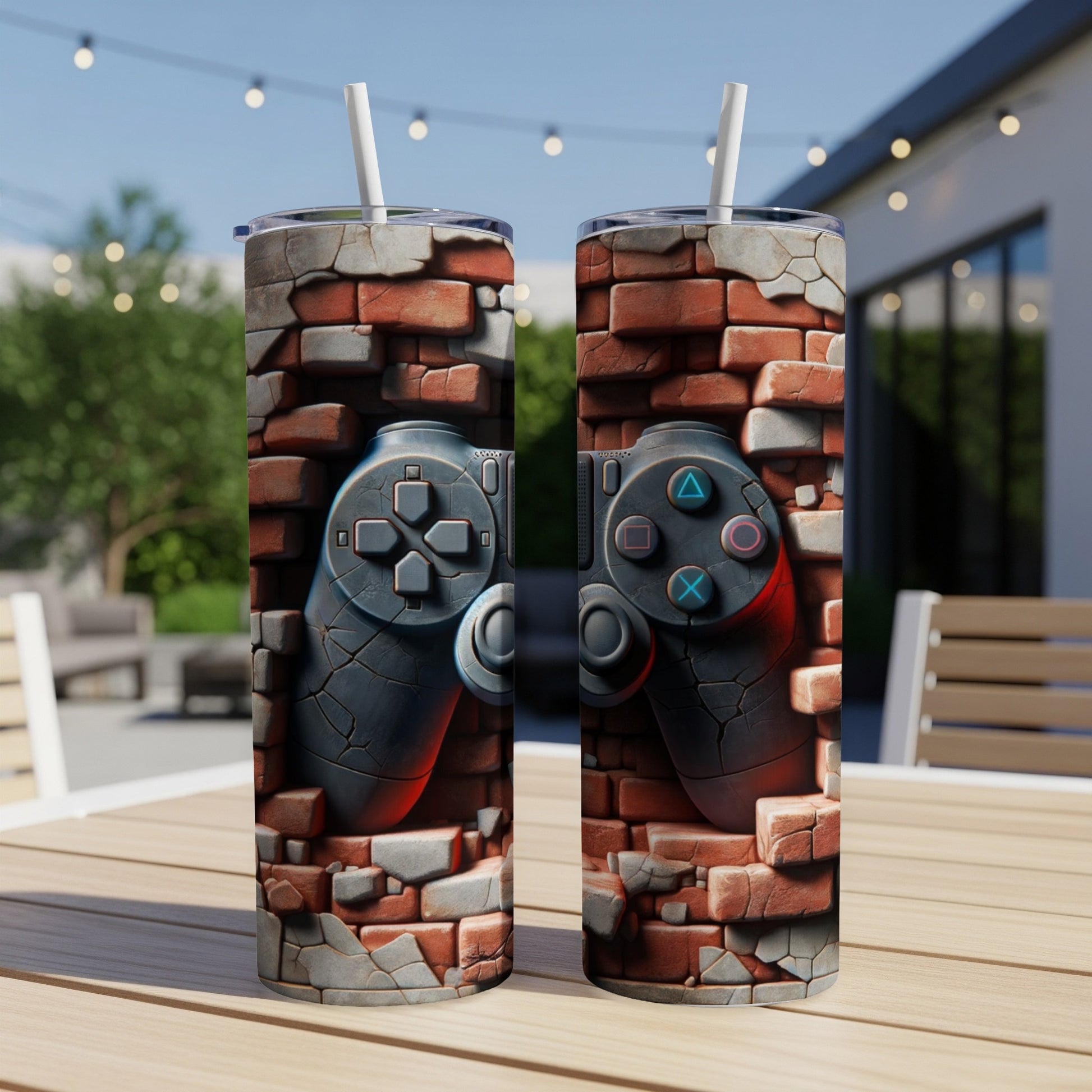 Two tumblers with a video game controller and brick wall design.