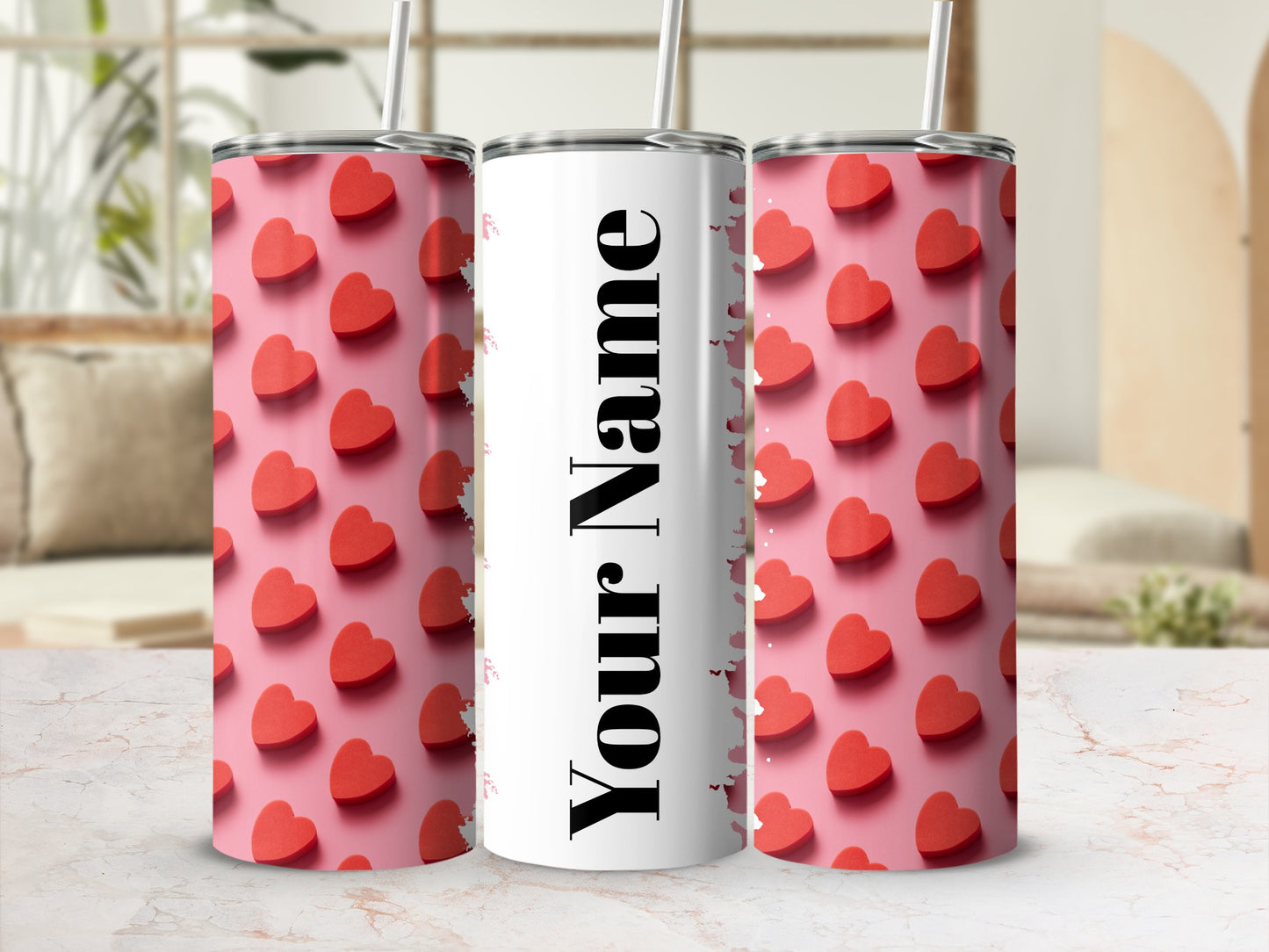 Personalized Red Heart Pattern Tumbler with Name Design