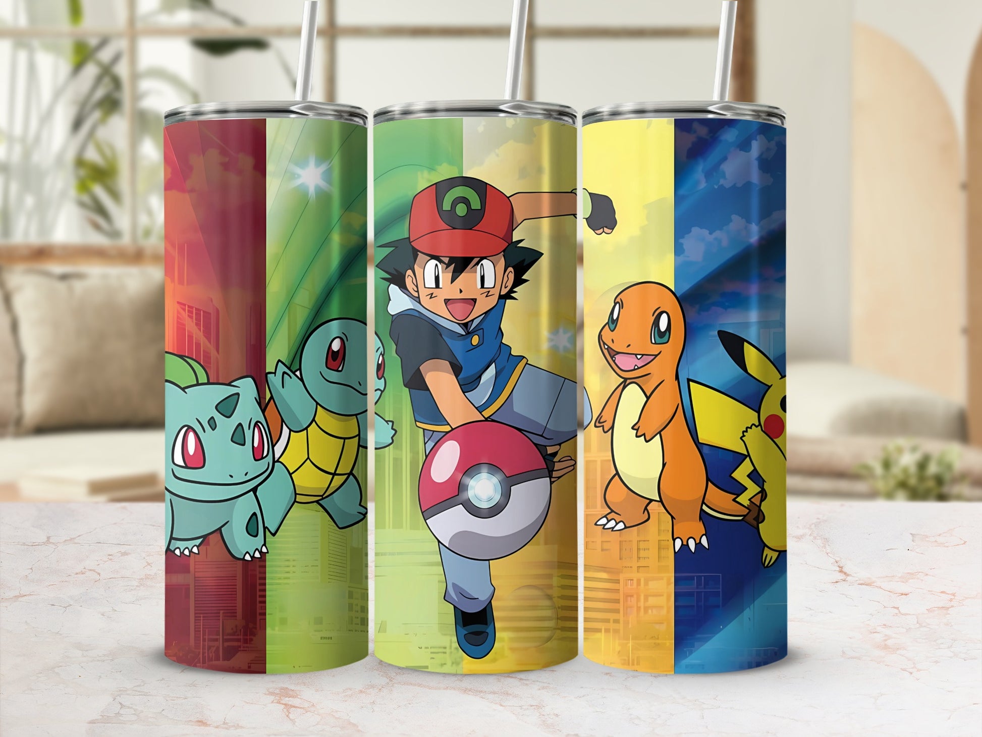 Pokemon Character Themed Tumblers Set with Straws
