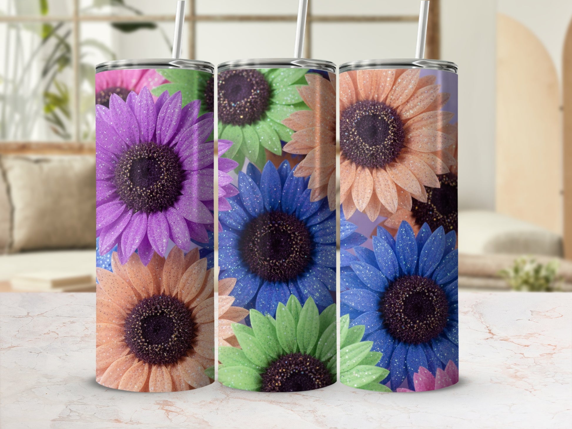 Colorful Glitter Sunflower Pattern Tumbler Cup