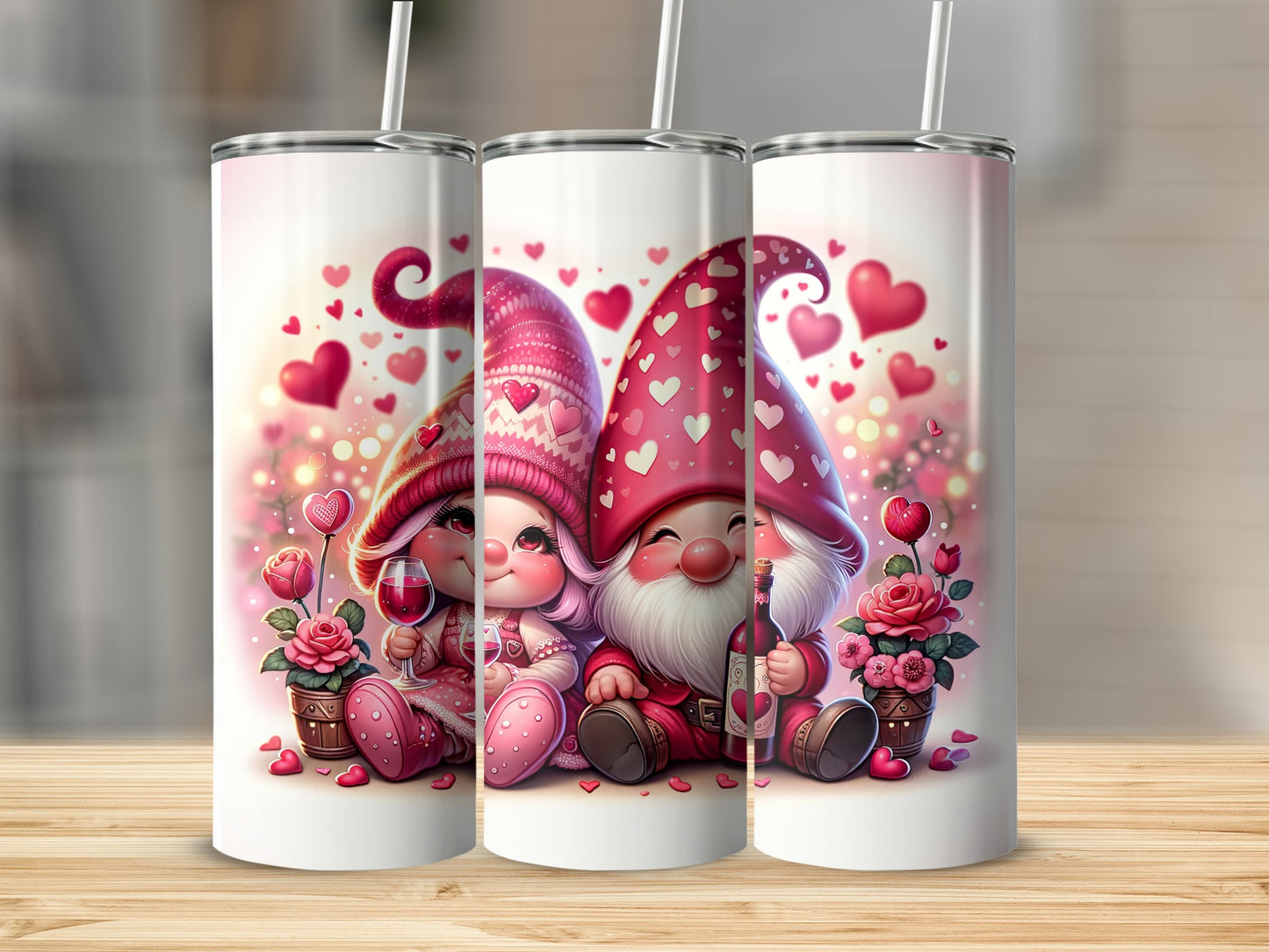 Two Valentine's Day gnomes holding drinks, surrounded by hearts.