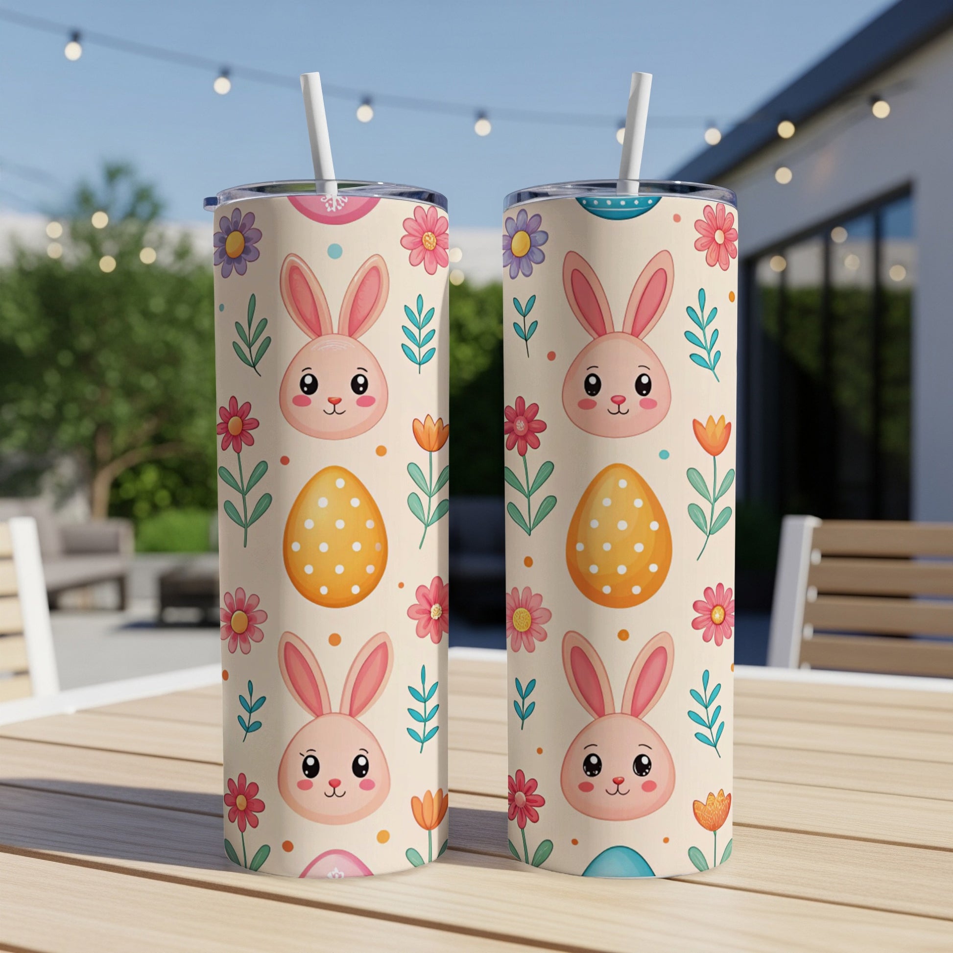 Two Easter-themed tumblers with bunny and egg pattern on outdoor table.
