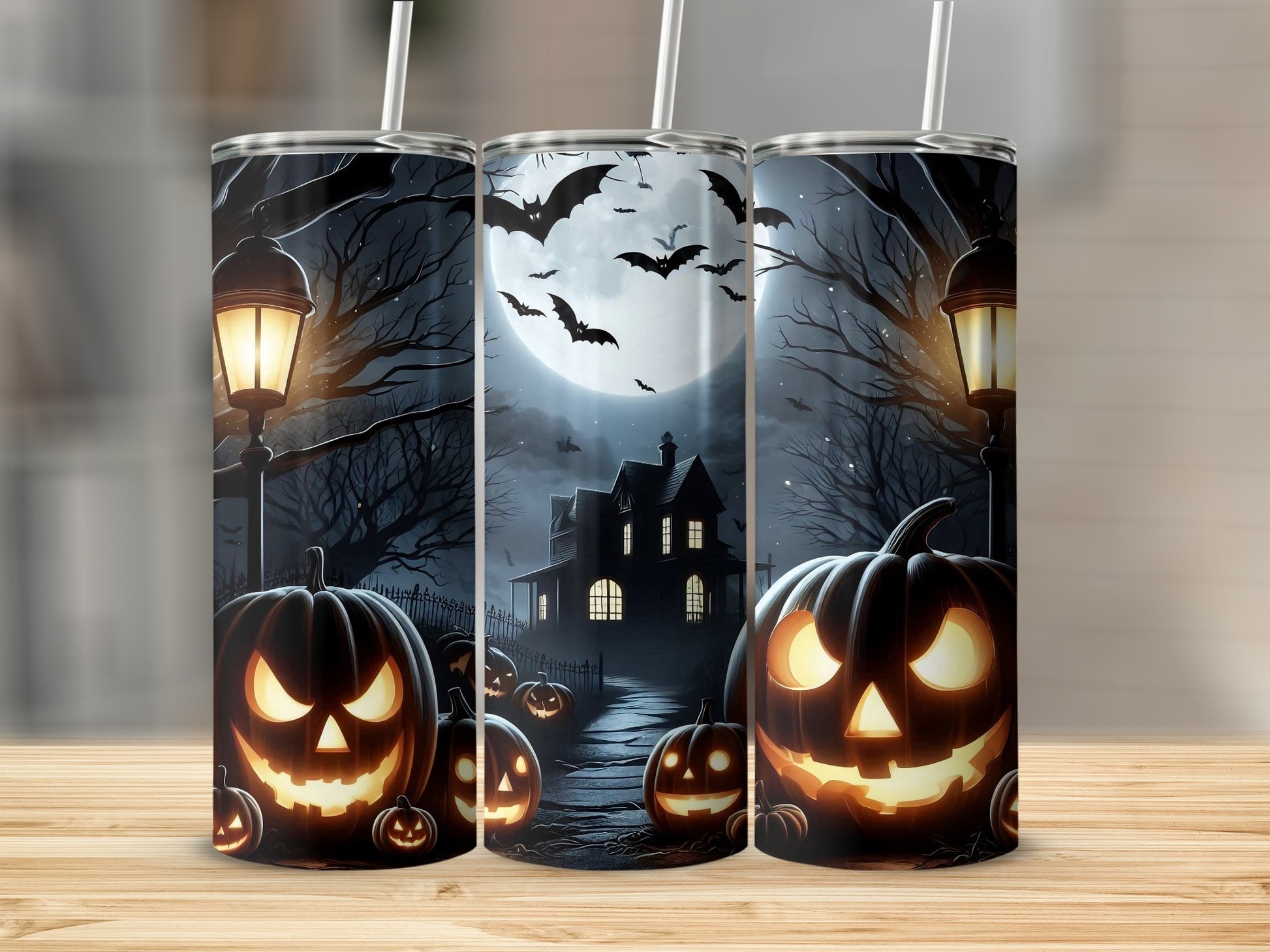Spooky Halloween Scene with Pumpkins and Bats tumbler