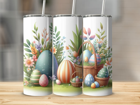 Easter eggs and flowers in a basket on a tumbler mockup.