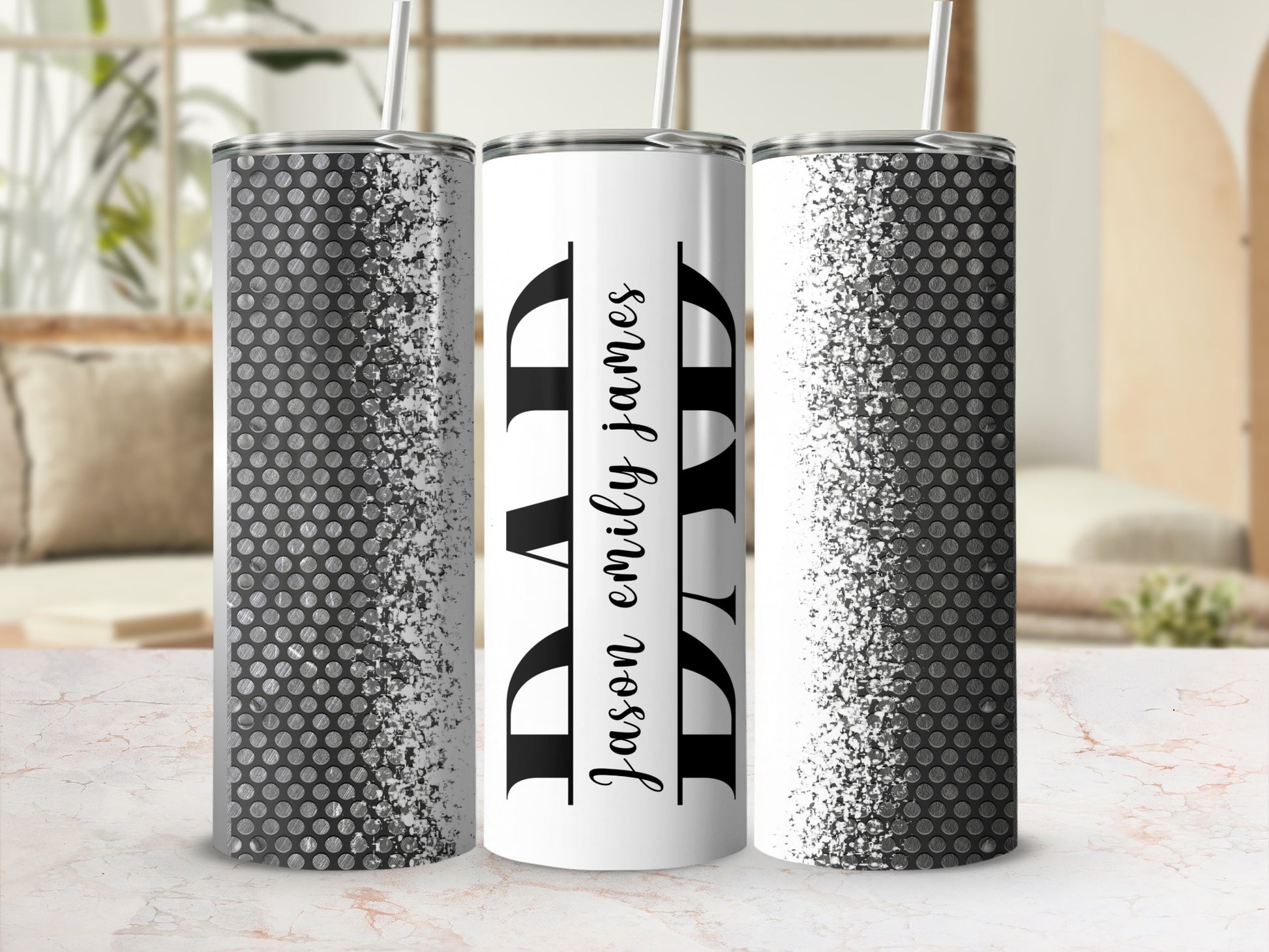Tumblers with "DAD Jason Emily James" text and metallic dot pattern.