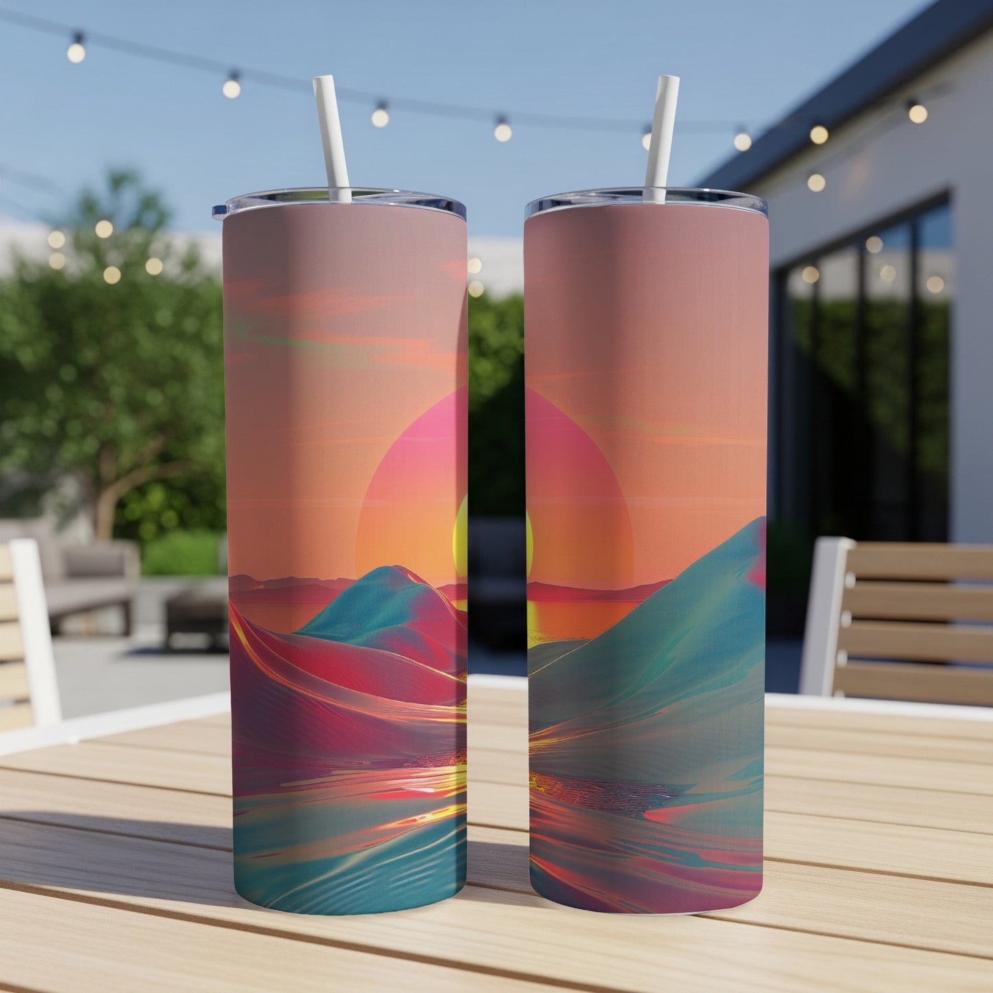 Two tumblers with a surreal desert sunset landscape design.