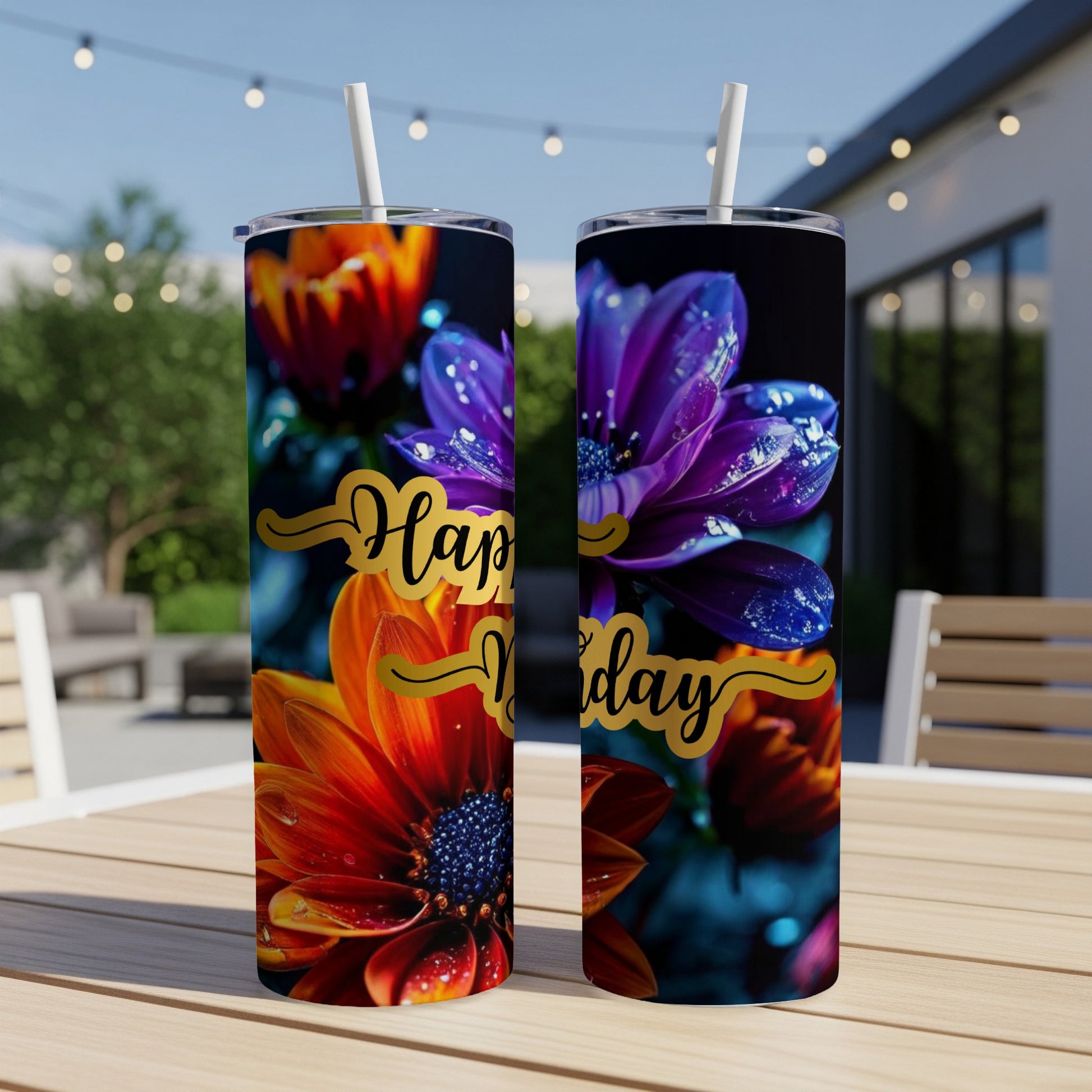 Two tumblers with "Happy Birthday" text and vibrant flower designs.