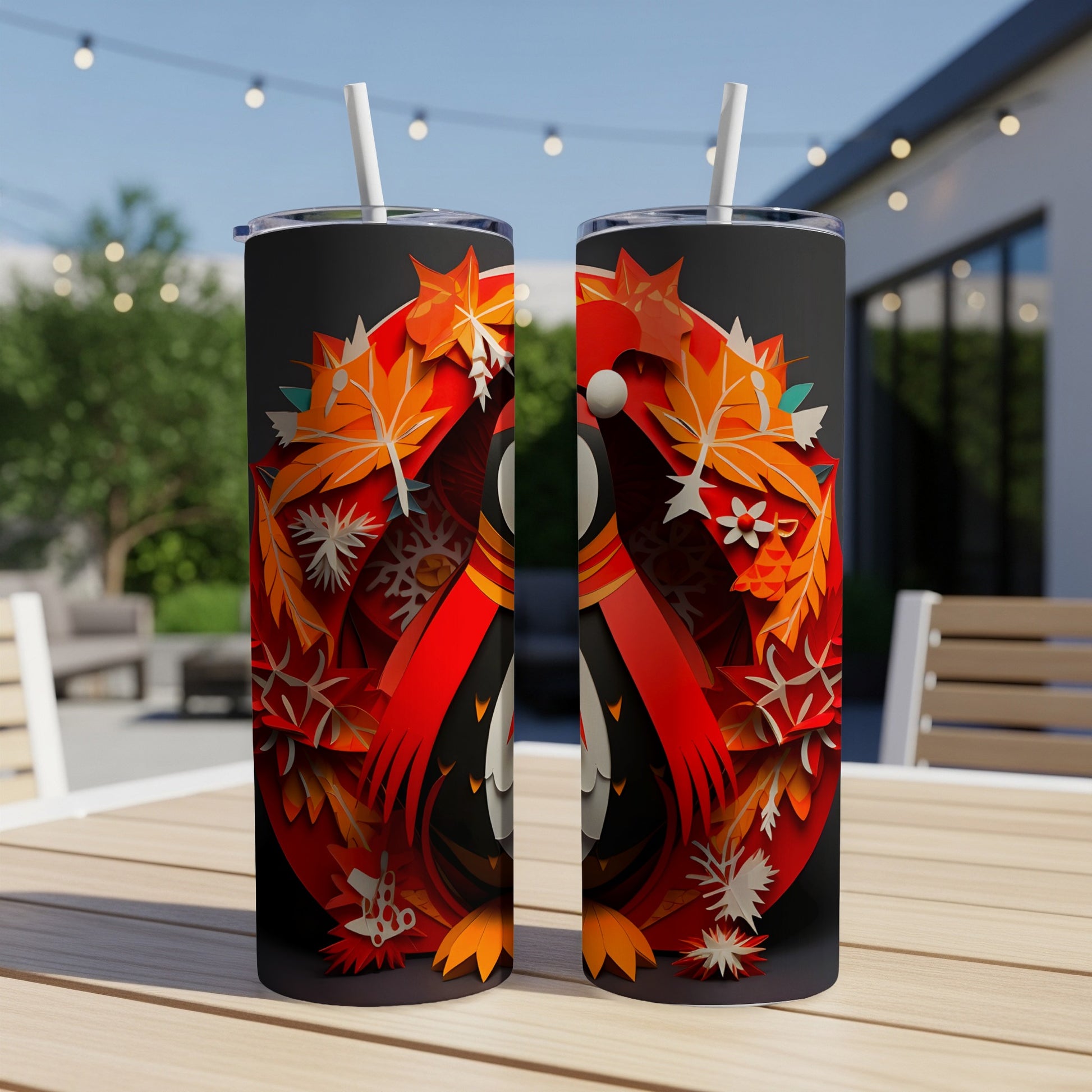 Two tumblers with a fall owl and leaf cutout design.