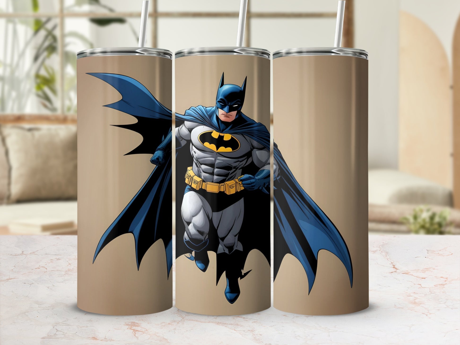Batman running forward in a comic book style on a tan background.