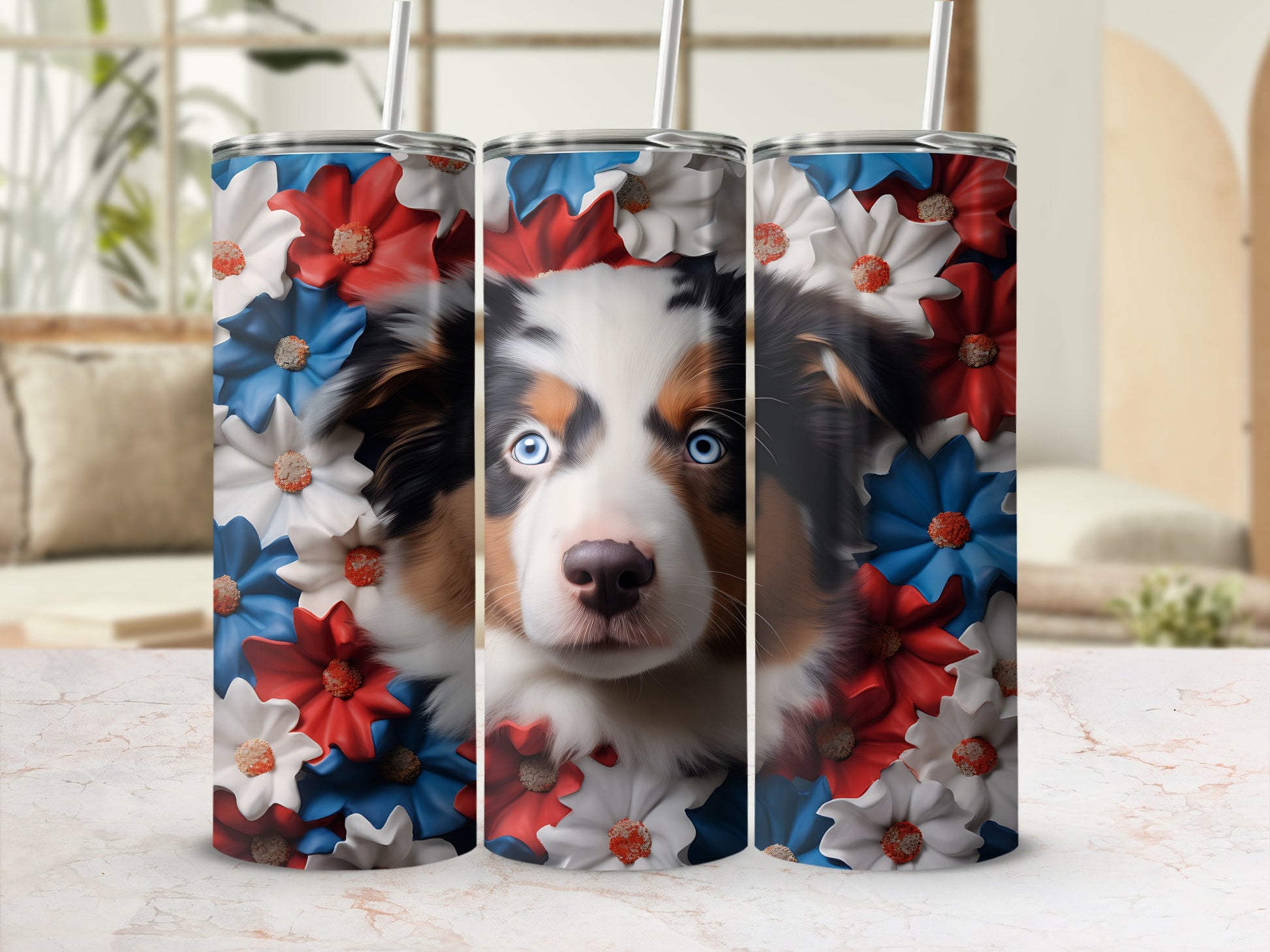 Three tumblers featuring a dog's face surrounded by red, white, and blue flowers.