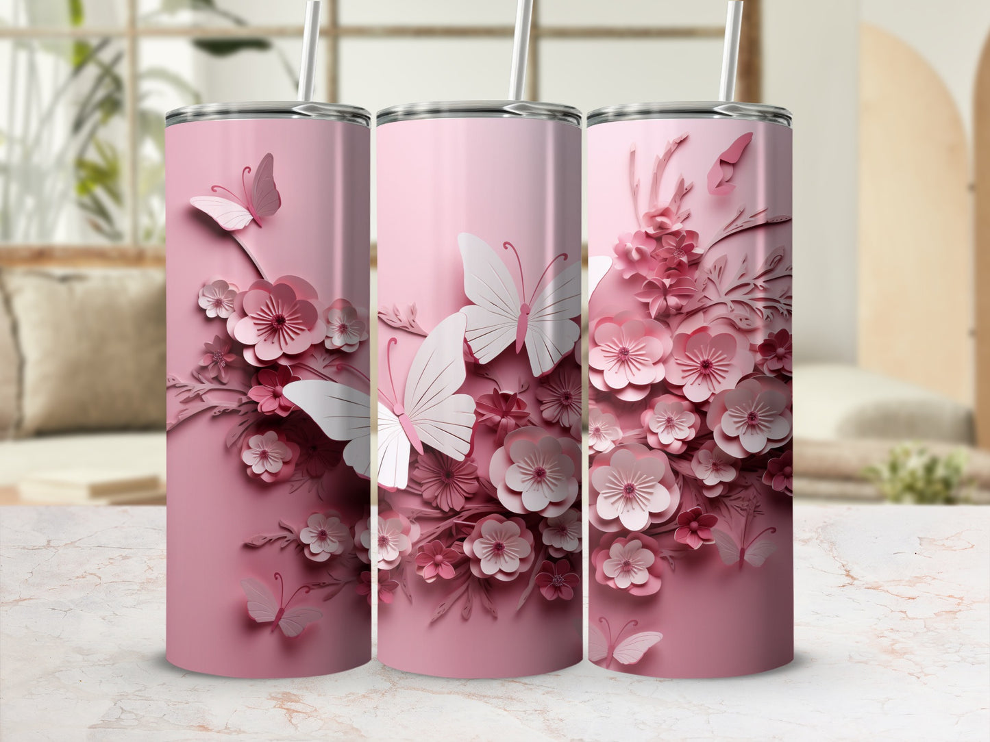 Beautiful Pink Butterflies Flowers Papercut Tumbler product type