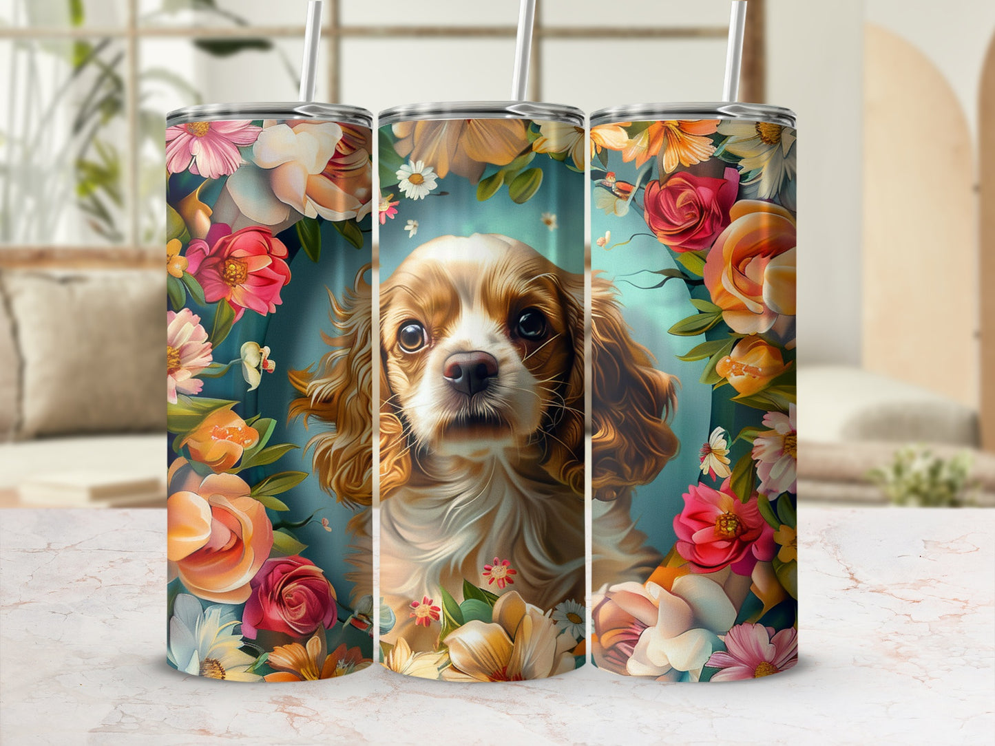 Cavalier King Charles Spaniel with floral border on a skinny tumbler.