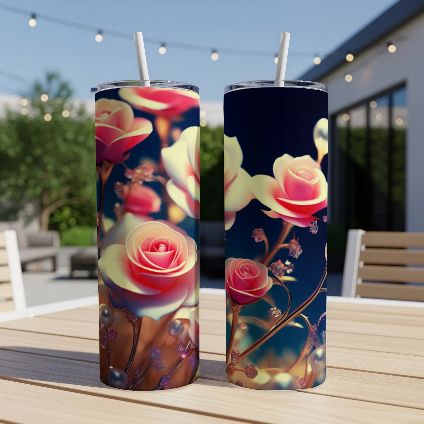 Two tall tumblers with pink and white roses on a dark floral background.
