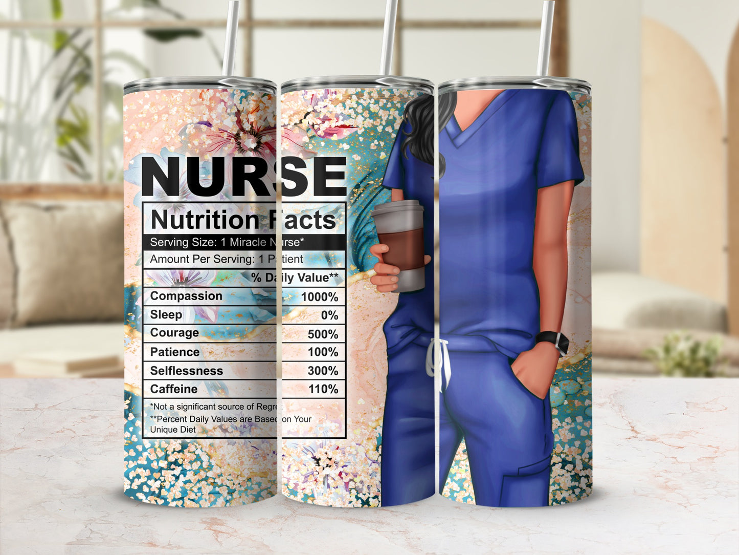 Nurse tumbler with floral accents and nutritional facts design.