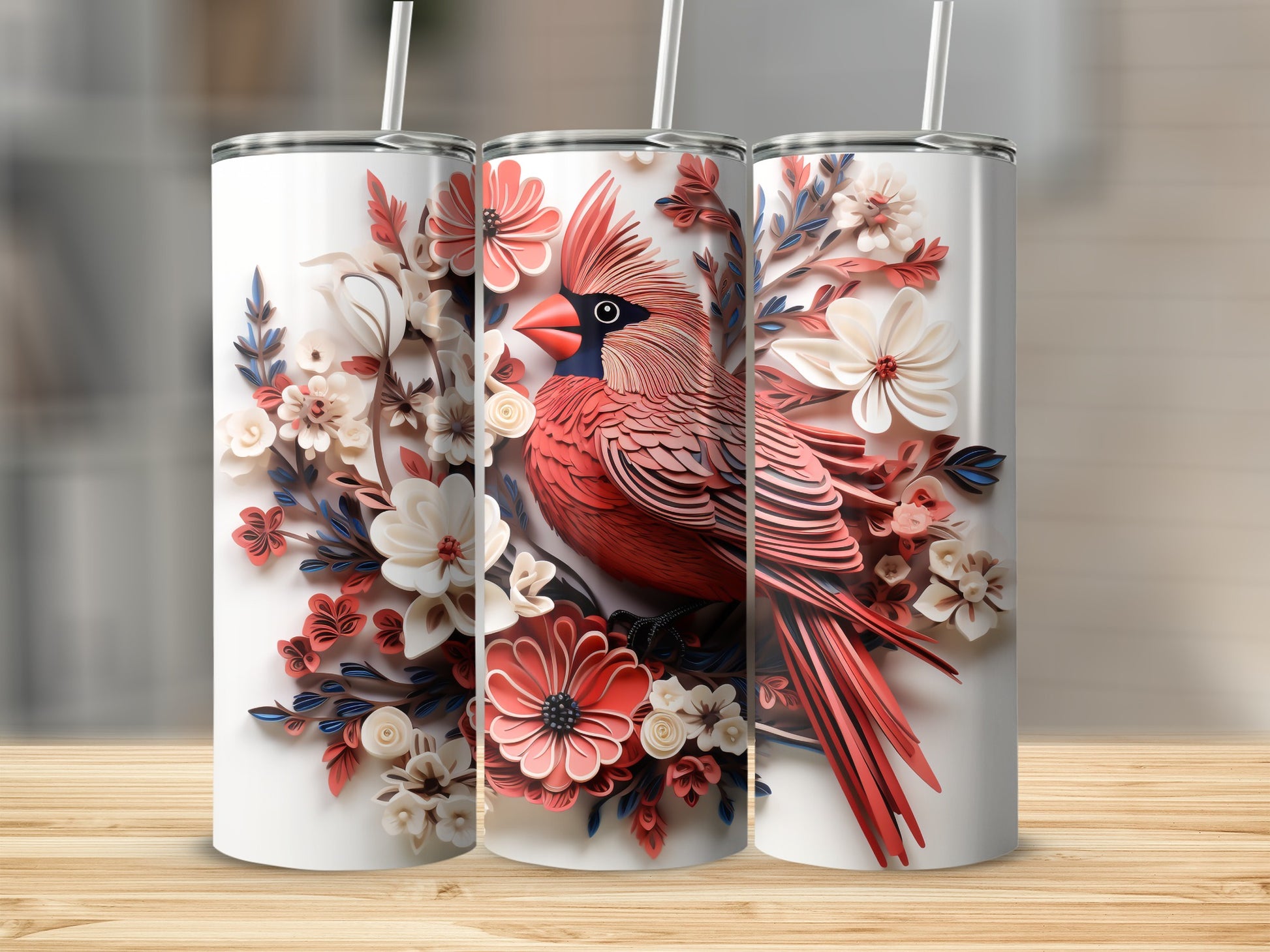 Cardinal perched on floral branch, white tumbler design with striped straw.