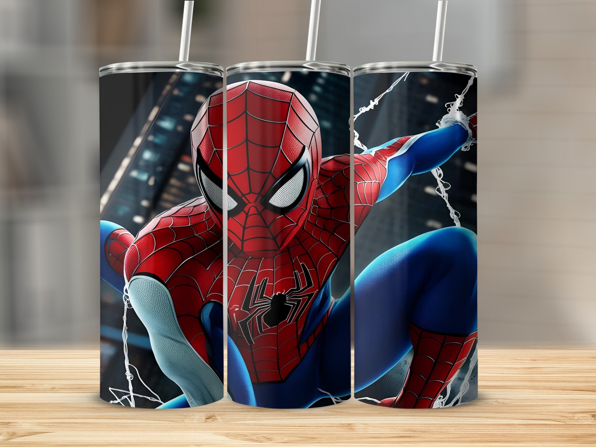 Spiderman in action against a city skyline on a tumbler.