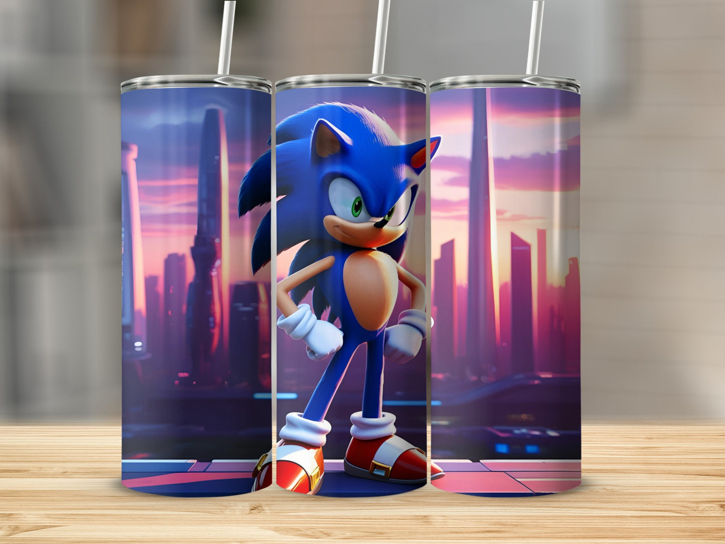 Sonic the Hedgehog character on a tumbler with a cityscape background.