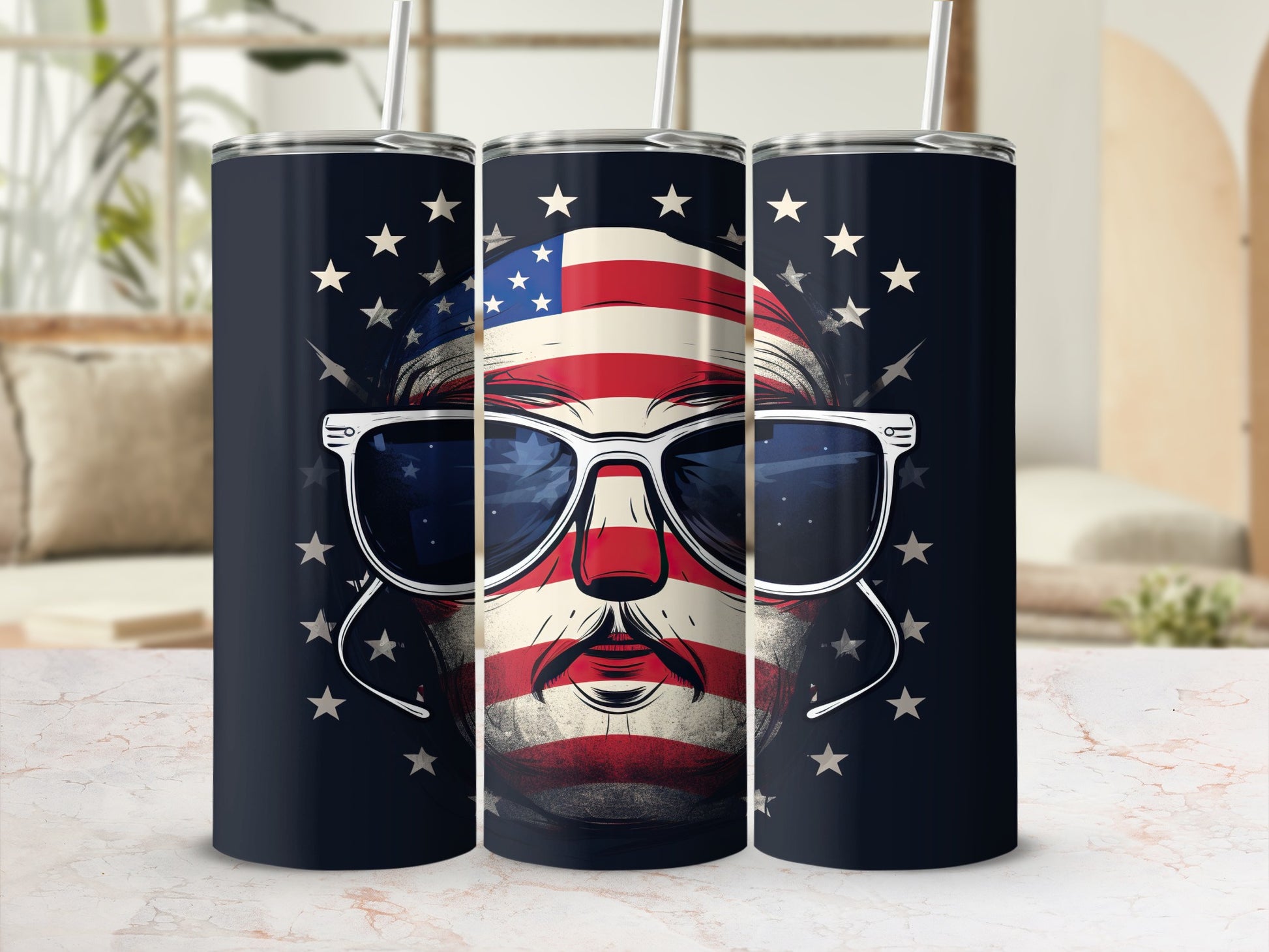 USA flag skull wearing sunglasses on a dark blue tumbler.